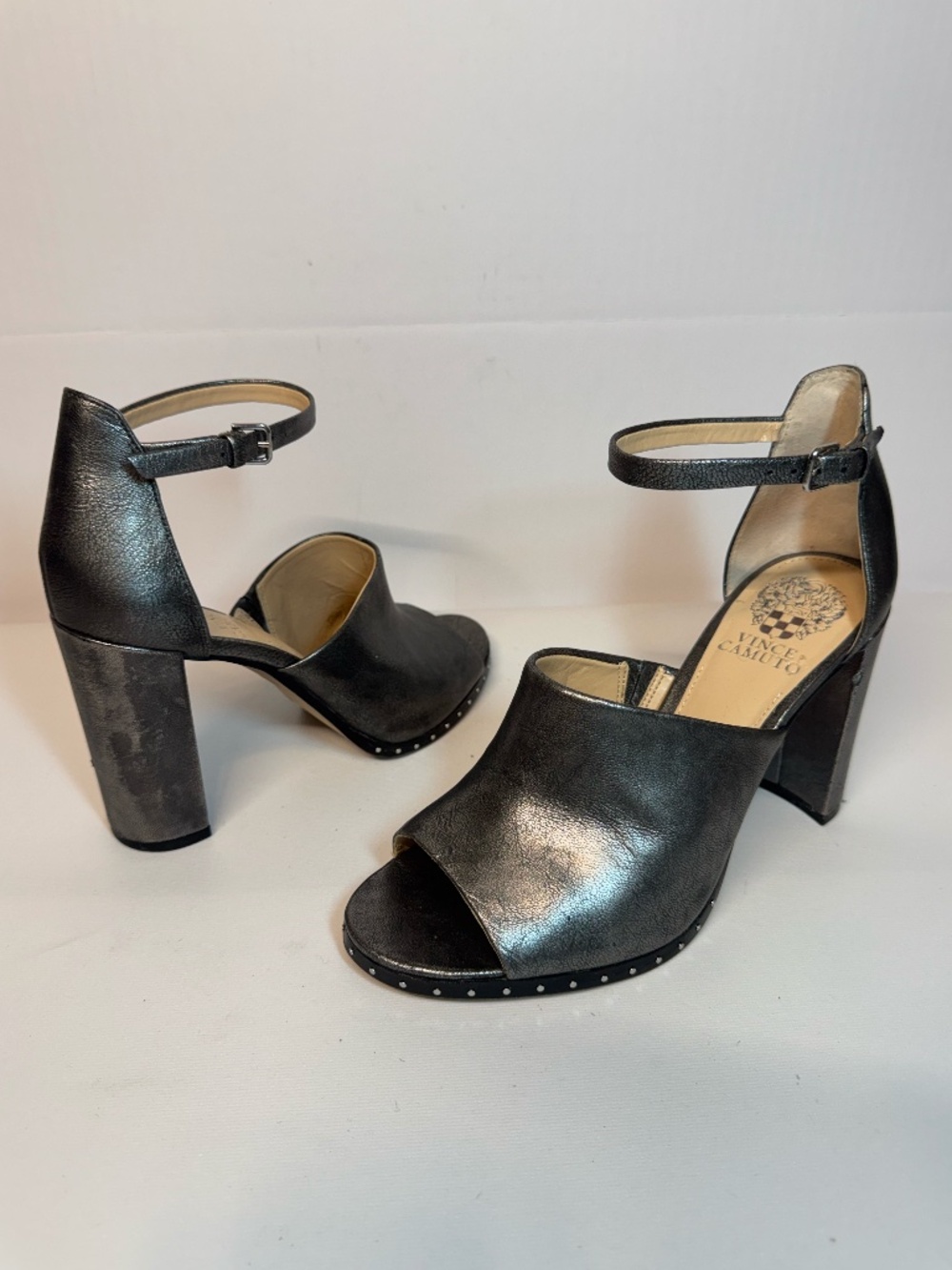Vince Camuto Mulley Metallic Pewter Studded Block Heel Sandals 8